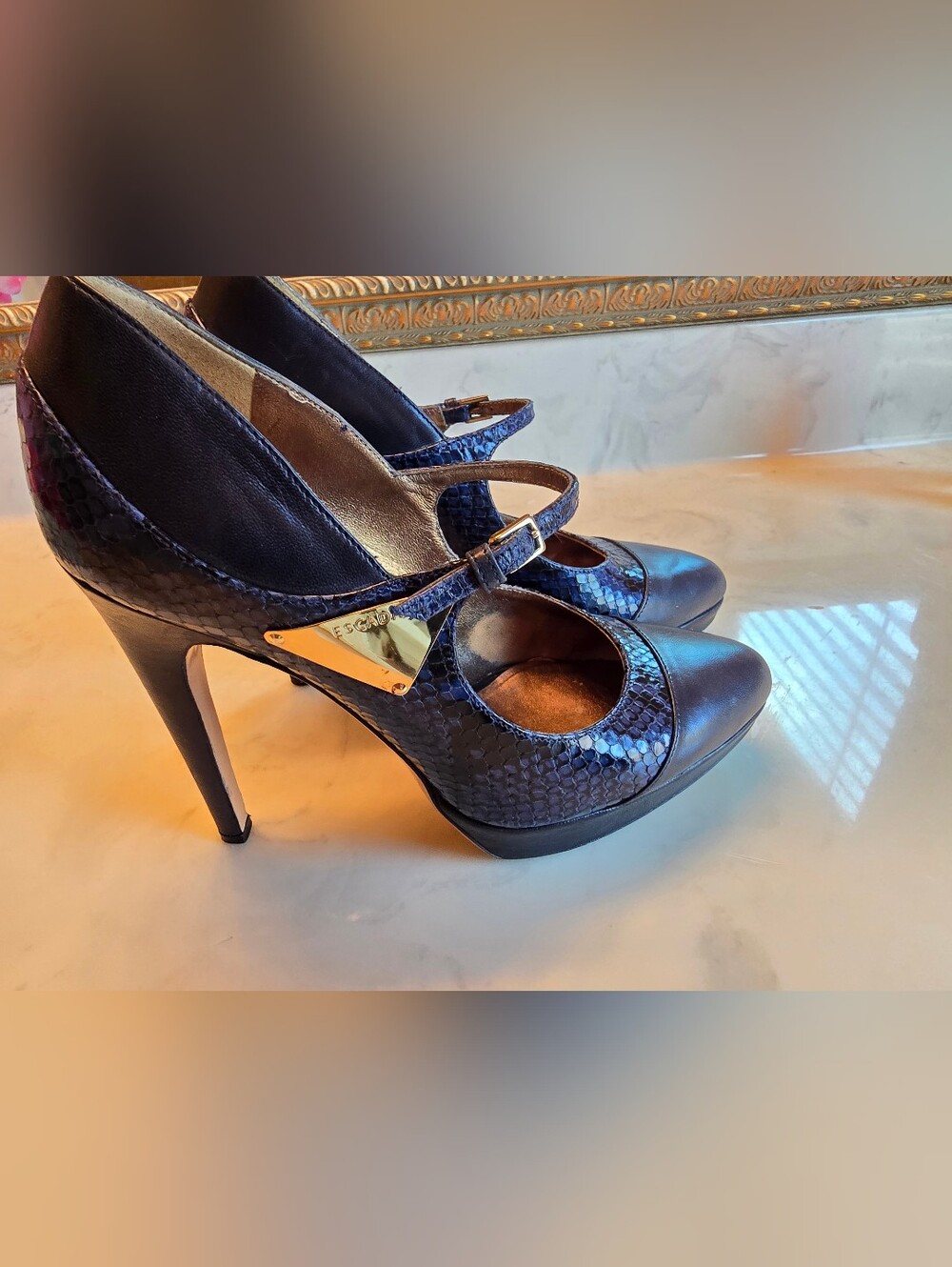 Escada Navy Leather Animal Print Slingback Pumps Size 37.5